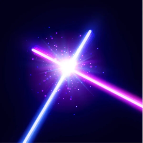 Abstract background with two crossed light neon swords fight. Glowing rays in space. Crossing laser sabers war. Club logo or emblem. Battle with star, flash and particles. Colorful vector illustration — Stock Vector