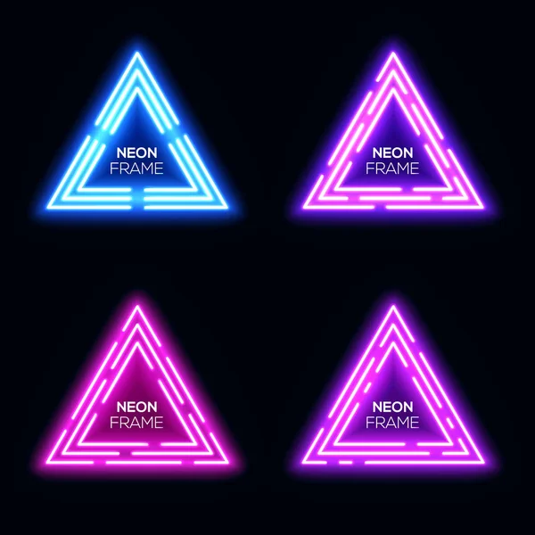 Blå viol lila rosa neon ljus trianglar set. Lysande techno ram samling. Night club 3d banners på Mörk blå bakgrund. Neon abstrakt teknisk bakgrund med glöd. Teknik vektorillustration. — Stock vektor