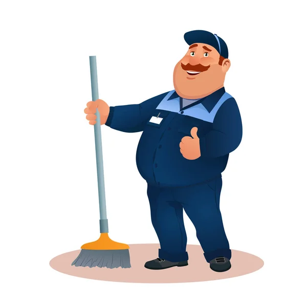 Grappige cartoon conciërge met mop en ok gebaar. Glimlachend vet karakter in blauwe pak met bezem. Gelukkig platte reiniger in uniform of janitorial service office schoonmaken. Kleurrijke vectorillustratie. — Stockvector