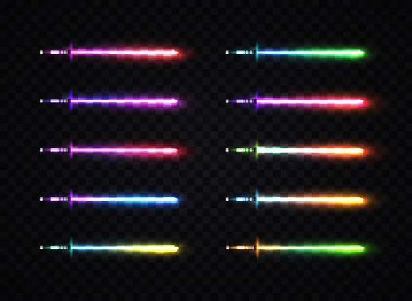 Set di spade a gradiente chiaro al neon. Elementi d'arma luminosi per la progettazione di giochi di guerra cosmica. Collezione di sciabole luminose colorate isolate su sfondo trasparente. Illustrazione vettoriale futuristica. EPS 10 — Vettoriale Stock