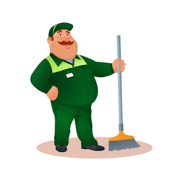 Lachende cartoon conciërge met mop. Grappig vet karakter in groene pak met bezem. Gelukkig platte reiniger in uniform of janitorial service office schoonmaken. Kleurrijke vectorillustratie. — Stockvector