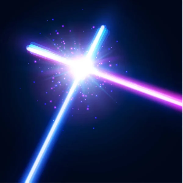 Glowing rays in space. Crossing laser sabers war. Abstract background with two crossed light neon swords fight. Battle with star, flash and particles. Club logo or emblem. Colorful vector illustration — Stock Vector