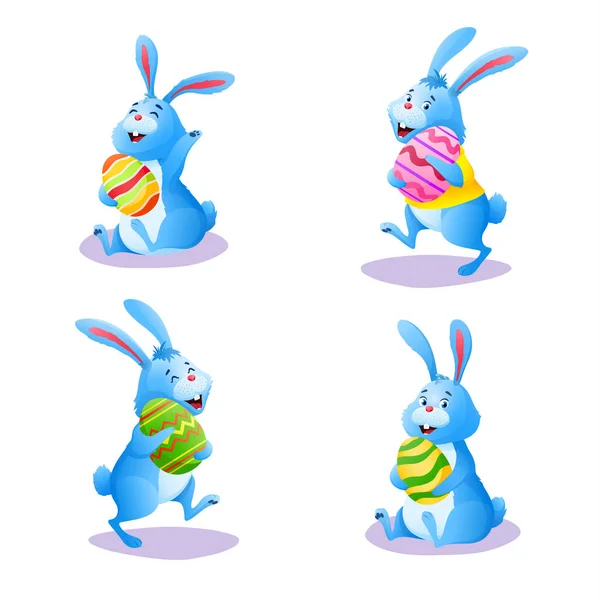 Happy blue bunny collection isolated on white background. Cute cartoon rabbit set with chocolate easter painted eggs. Decoration for greeting card banner. Easter egg hunt. Colorful vector illustration — Stock Vector
