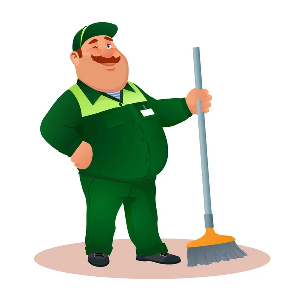 Lachende cartoon conciërge met mop knipoogt. Grappig vet karakter in groene pak met winking oog. Gelukkig platte reiniger in uniform of janitorial service office schoonmaken. Kleurrijke vectorillustratie. — Stockvector