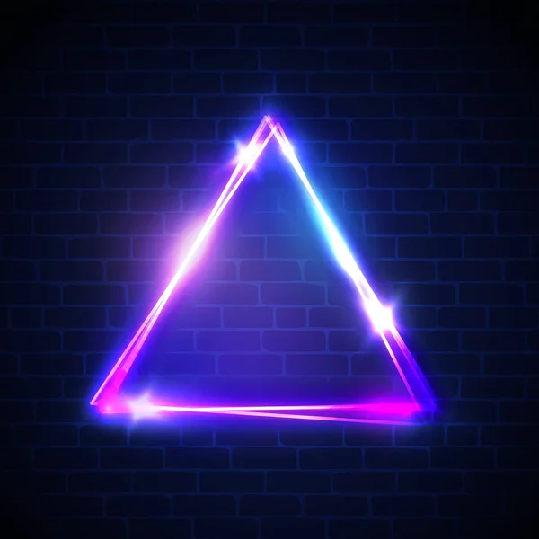 Night club neon light border on brick wall. Triangle background. Glowing electric abstract frame on dark backdrop. Neon sign banner with glow. Bright vector illustration with lights flares and sparkle — Stock Vector