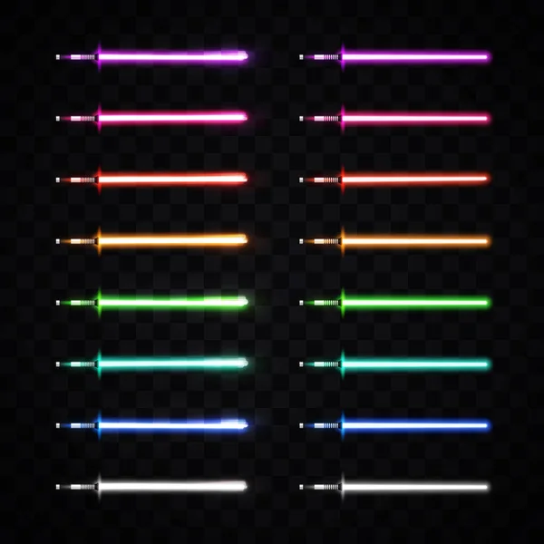 Épées lumineuses au néon. Collection de sabres lumineux colorés isolés sur fond transparent. Éléments d'armes lumineuses pour la conception de jeux de guerre cosmique. Illustration vectorielle futuriste. SPE 10 — Image vectorielle