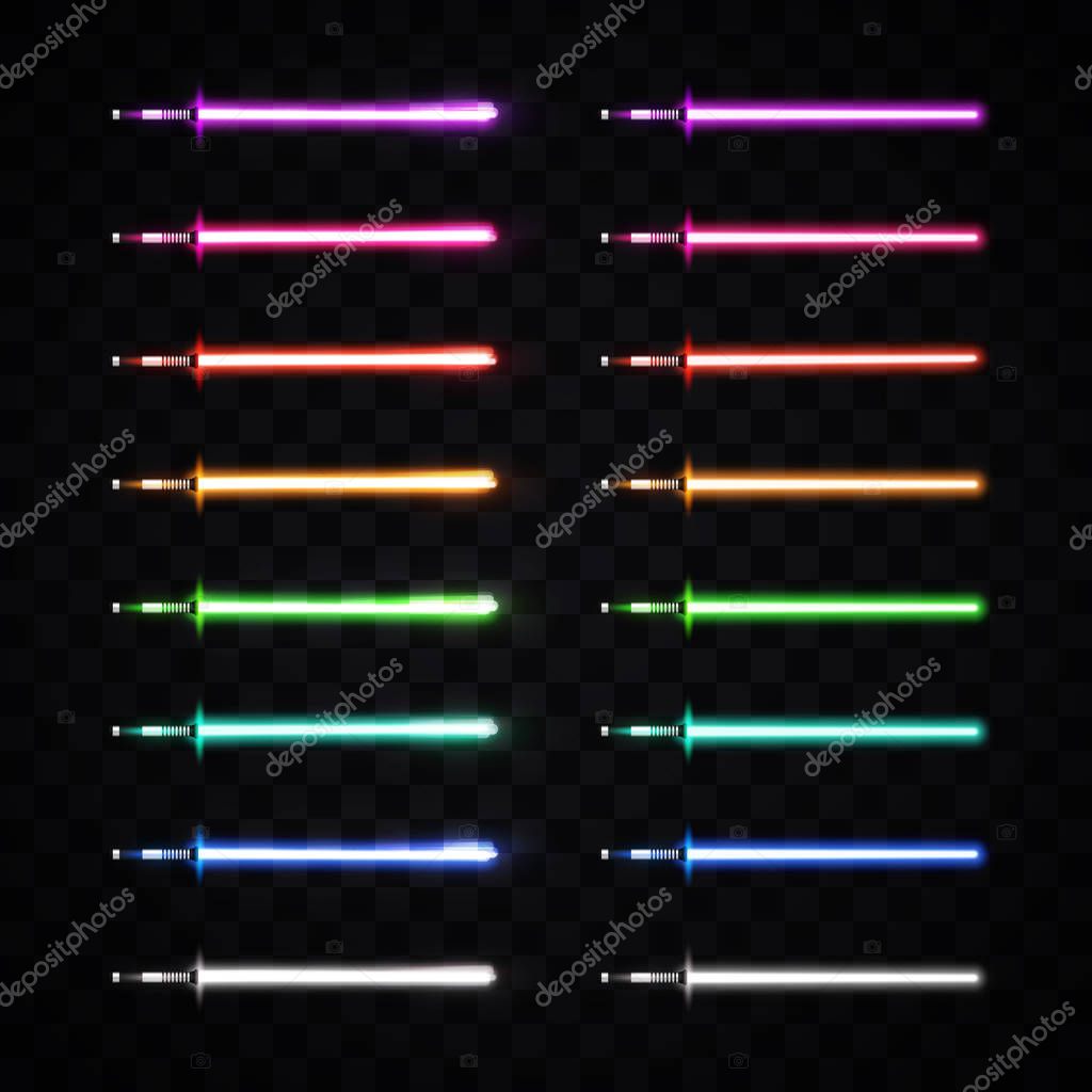 Neon light swords set. Colorful glowing sabers collection isolated on transparent background. Luminous weapon elements for cosmic war game design. Futuristic vector illustration. EPS 10