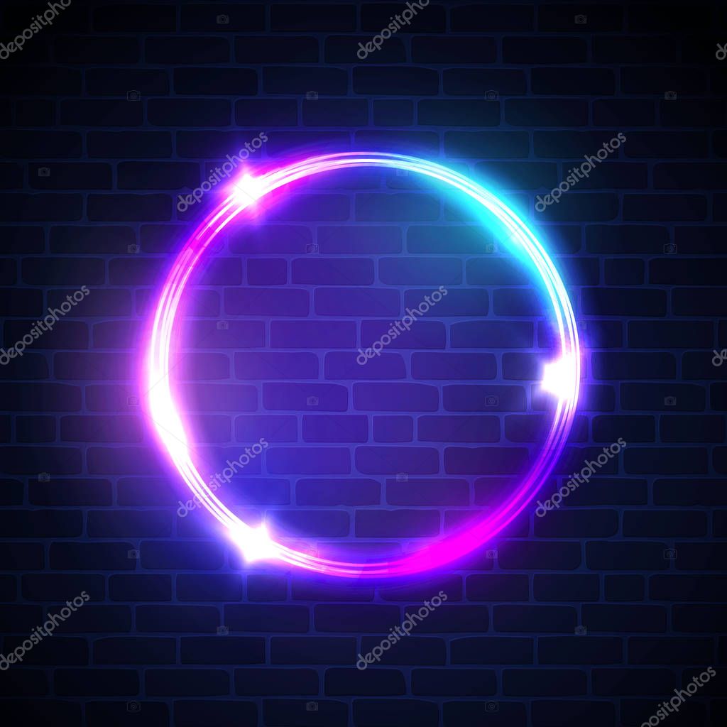 Glowing circle with neon lights on dark brick wall background. 3d neon light advertising tube banner with blank space for text. Night club electric sign. Round bright frame. Color vector illustration.