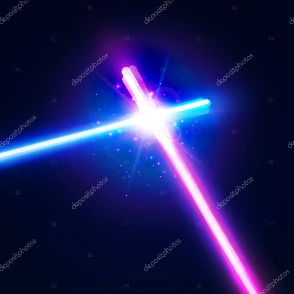Glowing rays in space. Crossing laser sabers war. Abstract background with two crossed light neon swords fight. Battle with star, flash and particles. Club logo or emblem. Colorful vector illustration