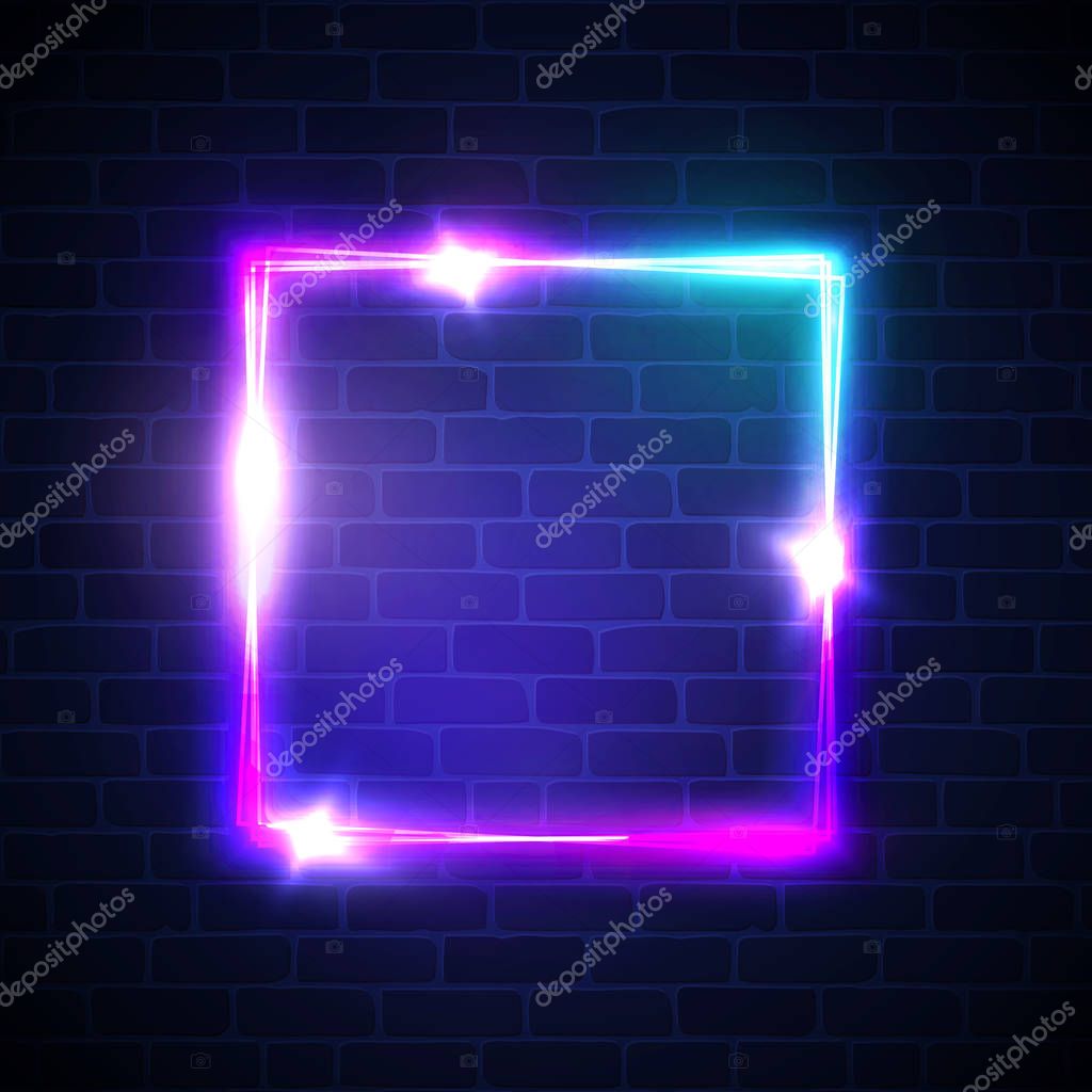 Neon background. Square frame with glowing and light. Electric bright 3d rectangle banner design on brick wall background. Abstract sign with neon colors, flares, sparkles. Vintage vector illustration