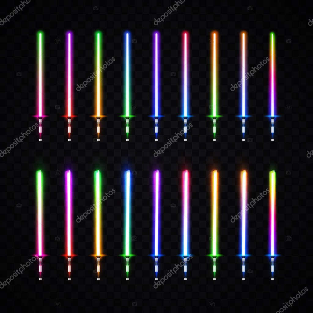Neon light gradient swords set. Luminous weapon elements for cosmic war game design. Collection of colorful glowing sabers isolated on transparent background. Futuristic vector illustration. EPS 10