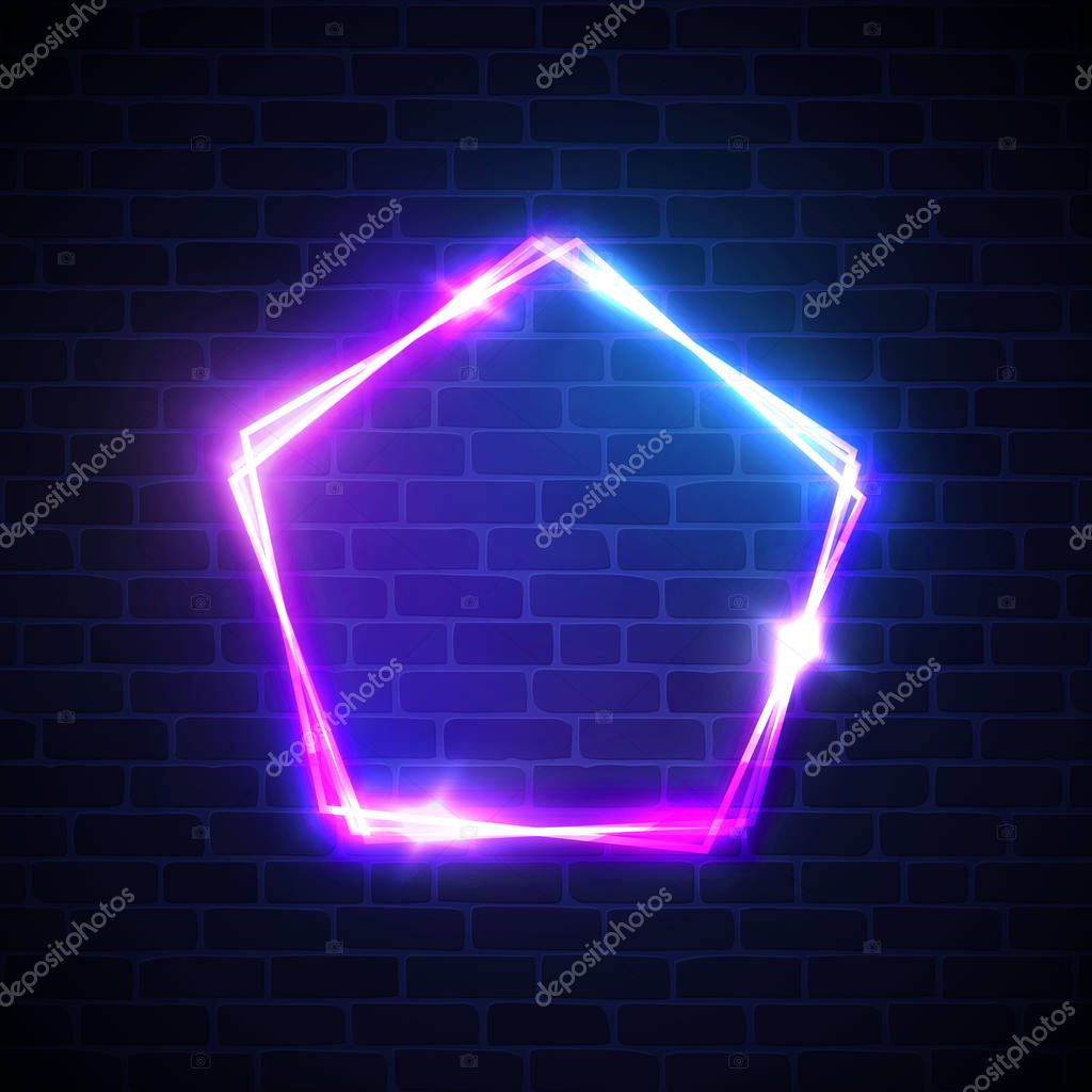Neon lights background. Pentagon shape sign. Glowing electric abstract frame on brick texture wall backdrop. Night bar retro banner with glow. Bright color vector illustration with flash in 80s style.