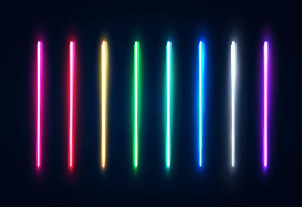 Halogen- oder LED-Lampenelemente für Partys oder Spiele. Neonröhren-Set. bunte leuchtende Linien oder Ränder Kollektion isoliert auf dunkelblauem Hintergrund. Farbvektorillustration. — Stockvektor