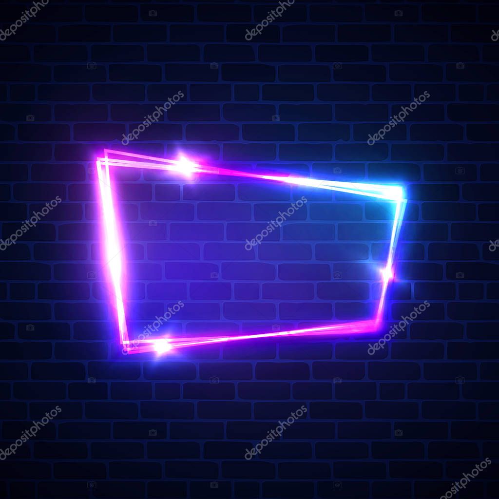 Night club neon sign on brick wall background. Blank 3d retro frame with shining neon lights. Disco show advertising street banner with glowing on brick texture. Color vector illustration in 80s style
