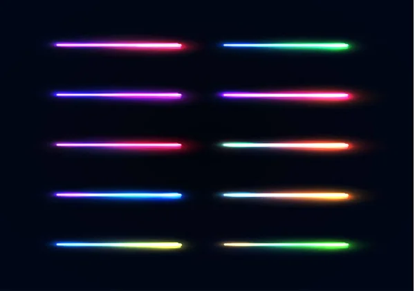 Neonröhren eingestellt. bunte glühende Linien Kollektion isoliert auf dunkelblauem Hintergrund. Die leuchtenden Gradientenlampen eignen sich für Partys in der Nacht oder für Spiele. Farbe helle Vektor Illustration. — Stockvektor