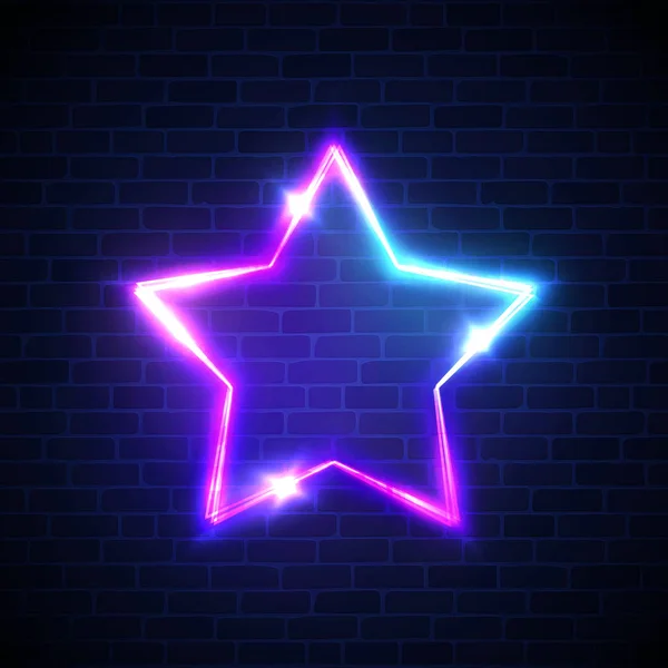 Abstract star neon bewegwijzering. Techno gloeiende elektrische spel frame op donker blauwe bakstenen muur achtergrond. Nacht club teken. 3D-retro licht sterrenhemel teken boord. Kleurrijke neon vectorillustratie in de jaren 80 stijl. — Stockvector