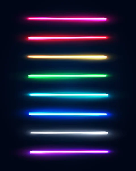 Neon light buizen reeks. Kleurrijke gloeiende lijnen of borders-collectie geïsoleerd op donker blauwe achtergrond. Halogeen of led-licht lampen elementen pack voor nacht feest of game-design. Kleur vectorillustratie. — Stockvector