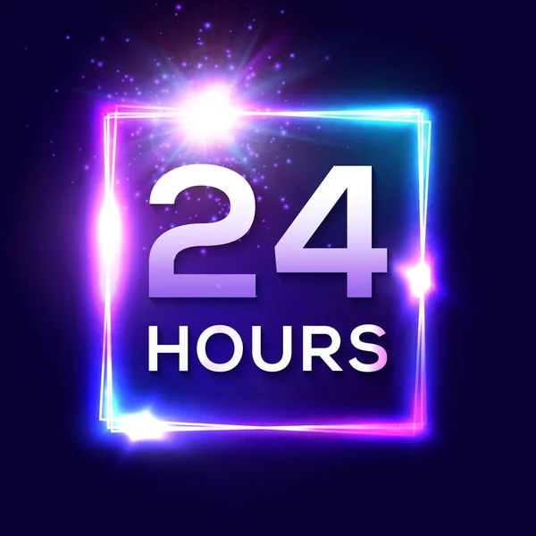 24 hours clock in square glowing electric frame on dark blue neon background. Open sign with text. Light banner design template. 3d colorful rectangle shape, nightlife signboard vector illustration. — Stock Vector