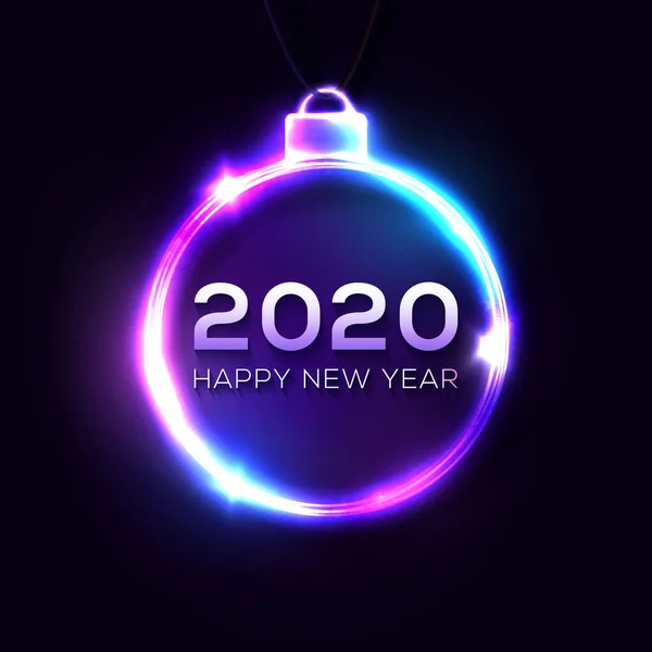 Feliz Ano Novo 2020 sinal no fundo azul escuro. Decoração de luz de néon brilhante de cor com flash de luz estourando. Bola de férias. Ano Novo festivo 2020 festa bugiganga. 3d design brilhante ilustração vetorial . — Vetor de Stock