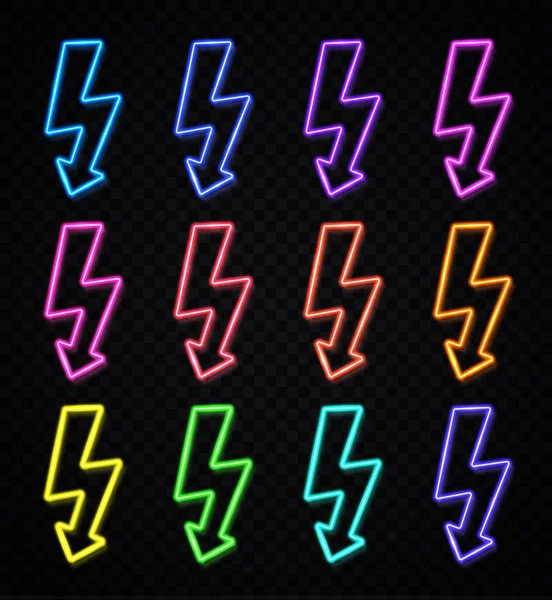 Elektromos teljesítmény neon jel beállítva átlátszó háttérrel. Realisztikus szín elektromosság szimbólum design. Könnyű villanás elvont villámcsapás dekoráció. Villám, mennydörgés logó koncepció vektor illusztráció. — Stock Vector