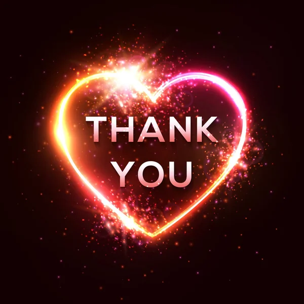 Thank you card. 3d realistic isolated neon sign with light text Thank You. Heart shape frame on dark red background. Night glowing banner with star particles. 1980s billboard right vector illustration — Stock Vector