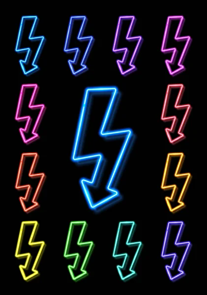 Färg neon åskvigg ikon set på svart bakgrund. Ljusstrimma pil. Glödande 3d blixt. Abstrakt el storm symbol. Elchocksdunder tecken. Åskväder vektor illustration. — Stock vektor