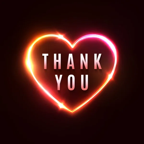 Thank you background. 3d realistic heart shape neon light sign and glowing thankful letters star sparkle. Shining frame on dark red background. Night banner card decoration design vector illustration. — Stock Vector