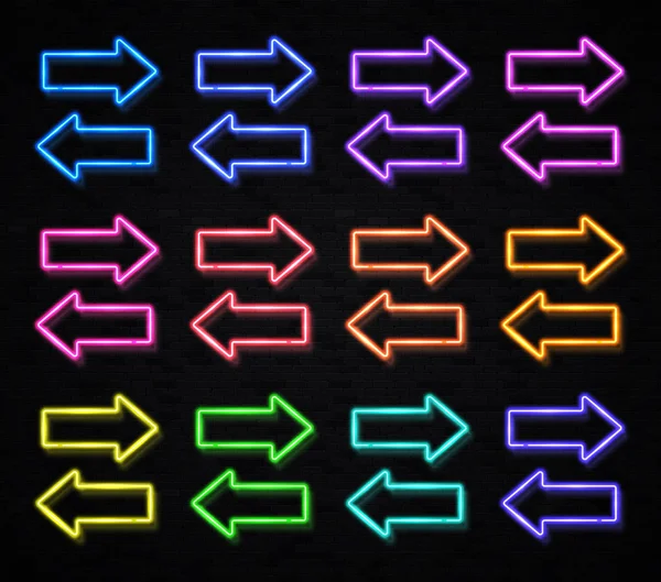Leuchtende Leuchtpfeile in verschiedenen Farben isoliert auf schwarzem Backsteinhintergrund. Zeiger Richtung Symbol. Retro-Designelemente. Leuchtender Neonlichteffekt. helle 3D realistische Vektor-Illustration — Stockvektor