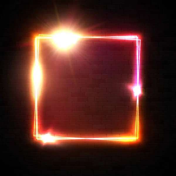 Realistic neon square sign on black brick wall background. Glowing rectangle frame with shining star sparkle on dark red for night bar street decoration covering. Bright electric vector illustration. — 스톡 벡터