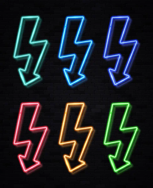 Realistic color lightning bolt neon sign set on black brick wall background. Energy electricity symbol for decoration covering flyer banner. Lightning thunder concept. Bright light vector illustration — 스톡 벡터