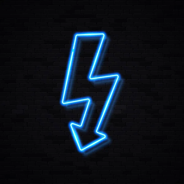 Segno al neon di fulmine blu isolato su sfondo muro di mattoni neri. Tuono di luce splendente. Simbolo di elettricità 3d. Segno di energia. Lampada elettrica a led design di confine. Illustrazione vettoriale brillante . — Vettoriale Stock