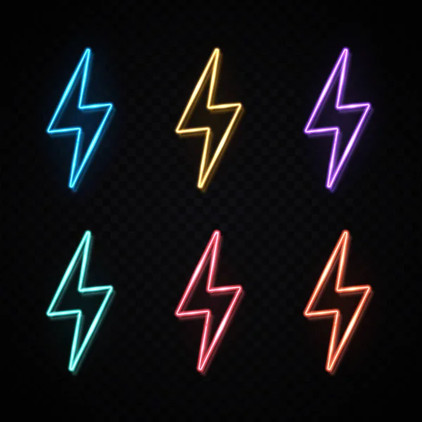 3d lightning bolt logo set on transparent background. Neon light color thunderbolt sign. Electric flash symbol. Glowing electricity design for decoration flyer. Bright power icon vector illustration. — Stock Vector
