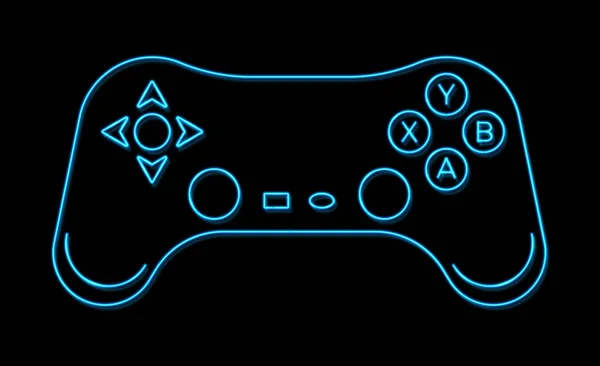 3D neon spel ui tecken isolerad på svart bakgrund. Blå joystick pil markör ikon. Retro 80-tals konsol spelstil. Kontrollknappar med riktningsknappar på gamepad. Ljus vektor illustration. — Stock vektor