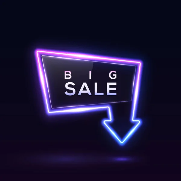 Banner de neón Big Sale sobre fondo azul oscuro. Brillante borde de la lámpara led con placa de vidrio brillante. Letrero de descuento flecha brillante. Cartel de venta para diseño de póster de folleto de negocios. Ilustración vectorial brillante . — Archivo Imágenes Vectoriales