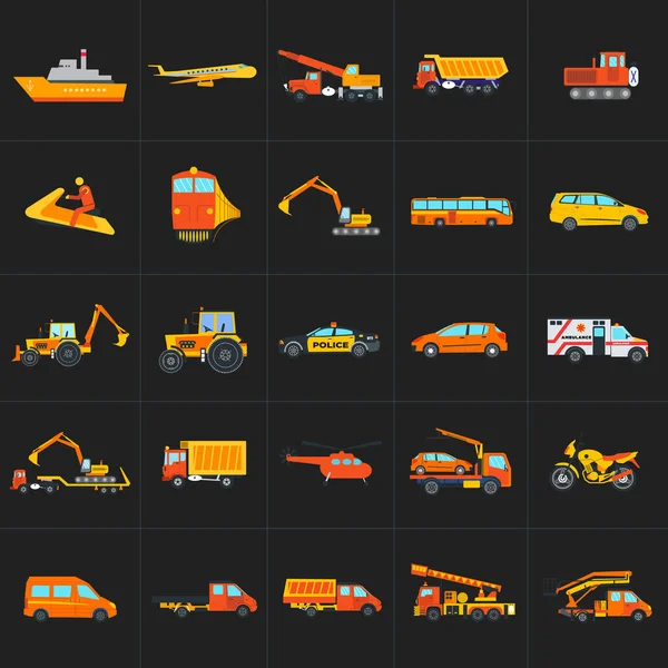 Conjunto de construcción y transporte de coches y máquinas icono vectorial — Vector de stock