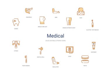 Tıbbi konsept 14 renkli taslak simgeleri. 2 renk mavi vuruş!