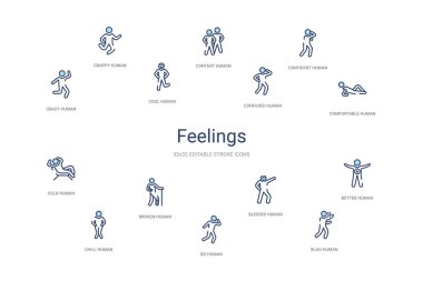 Duygular konsepti 14 renkli taslak simgeleri. 2 renk mavi vuruş 