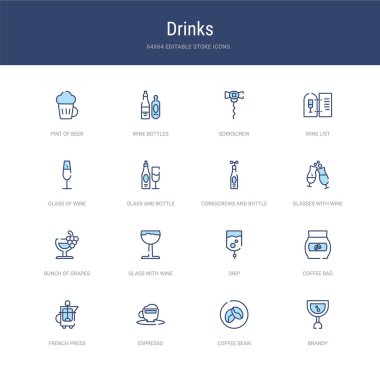 Konyak, kahve çekirdeği, espre gibi 16 vektör vuruşu simgesi