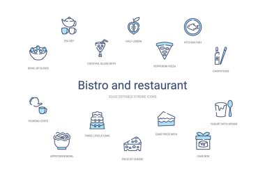 Bistro ve restoran konsepti 14 renkli taslak simgesi. 2 renk
