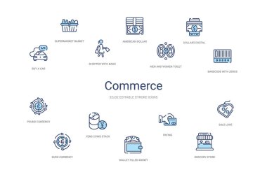 Ticaret konsepti 14 renkli taslak simgeleri. 2 renk mavi vuruş 