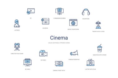 Sinema konsepti 14 renkli taslak simgeleri. 2 renk mavi kulaç