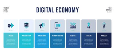 Dijital ekonomi kavramı elementlerine sahip web pankartı tasarımı.