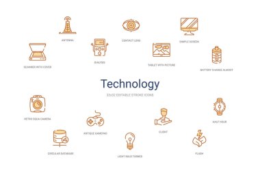 Teknoloji konsepti 14 renkli taslak simgeleri. 2 renk mavi vuruş