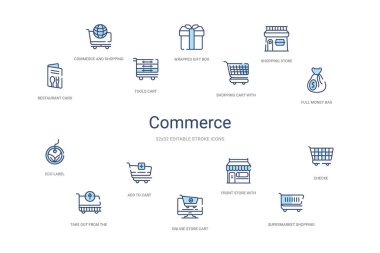 Ticaret konsepti 14 renkli taslak simgeleri. 2 renk mavi vuruş 