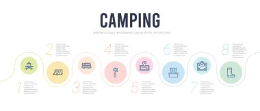 Kamp konsepti bilgi tasarım şablonu. önyükleme, harita,