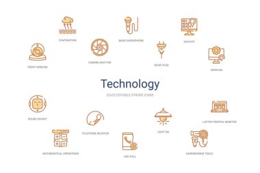 Teknoloji konsepti 14 renkli taslak simgeleri. 2 renk mavi vuruş