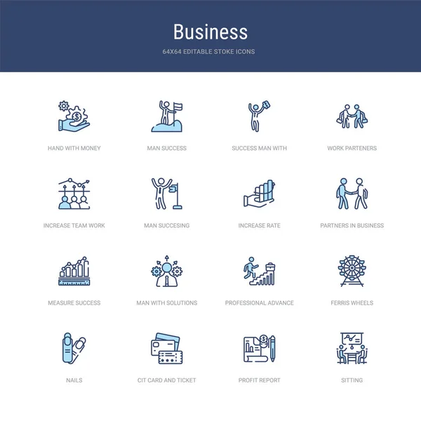 Satz von 16 Vektor-Stroke-Symbolen wie Sitzen, Gewinnbericht, CI — Stockvektor