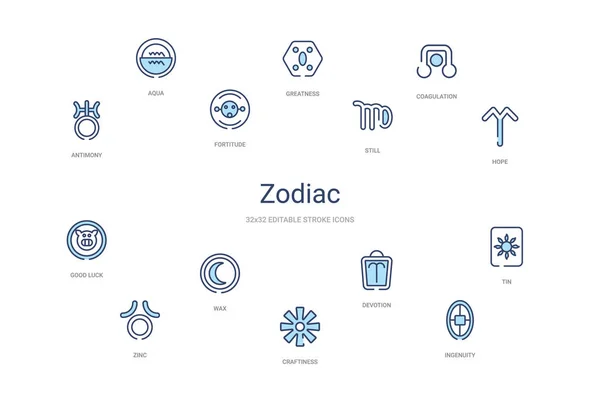 Koncepcja zodiaku 14 kolorowych ikon zarysu. 2 niebieski kolor skoku ic — Wektor stockowy
