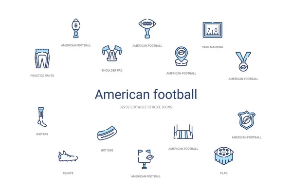 Американский футбол концепция 14 красочные иконки наброска. 2 цветных blu — стоковый вектор