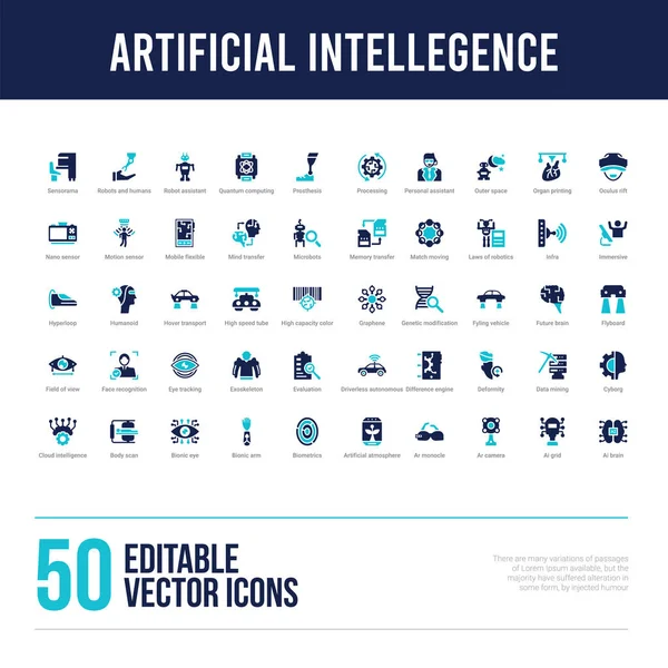 50 iconos llenos de concepto de inteligencia artificial — Vector de stock